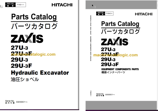Hitachi ZX27U-3 ZX27U-3F ZX29U-3 ZX29U-3F Hydraulic Excavator Parts Catalog & Equipment Components Parts Catalog