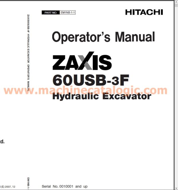 Hitachi ZX60USB-3F Hydraulic Excavator Operator's Manual