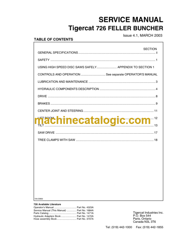 Tigercat 726 Feller Buncher Service Manual (7260101 - 7260999)