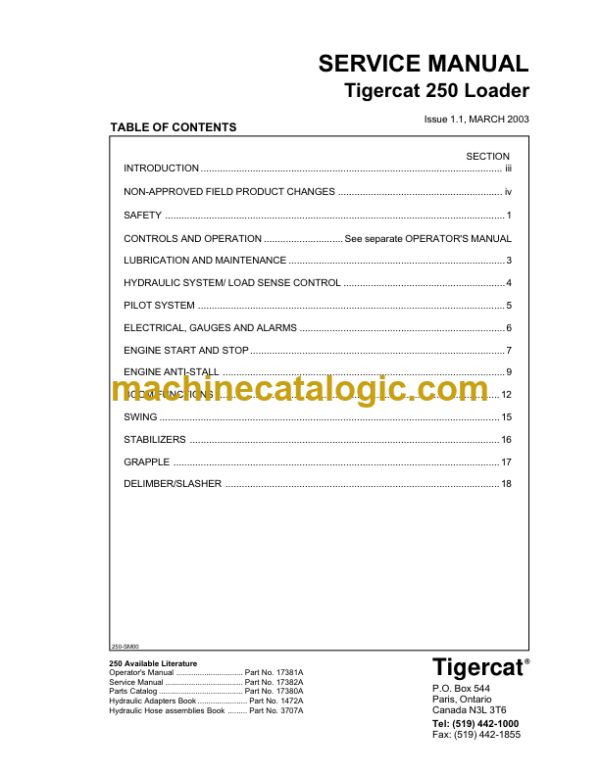 Tigercat 250 Loader Service Manual (2500101 - 2500499)