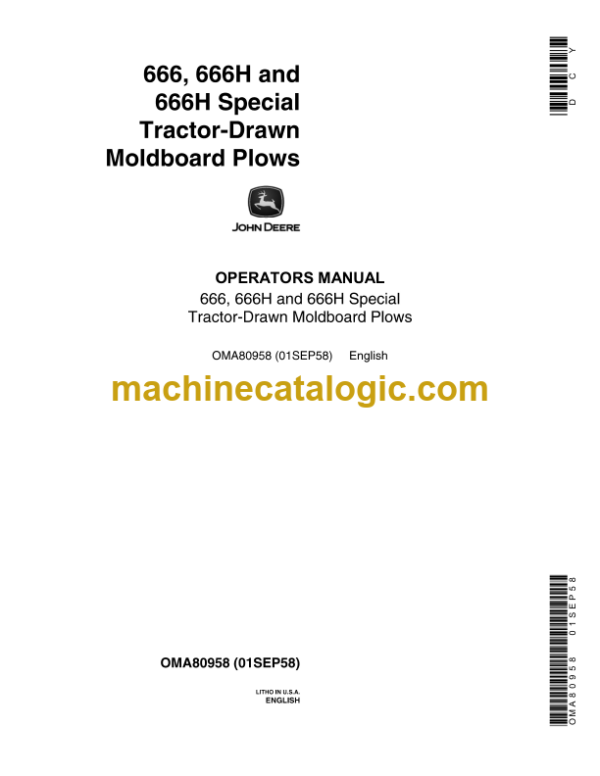 John Deere 666, 666H and 666H Special Tractor-Drawn Moldboard Plows Operator's Manual (OMA80958)