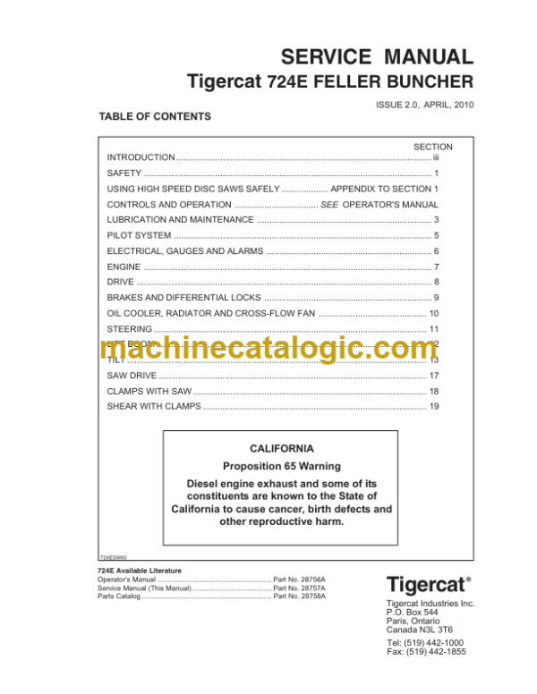 Tigercat 724E Feller Buncher Service Manual (7241001 - 7243100)