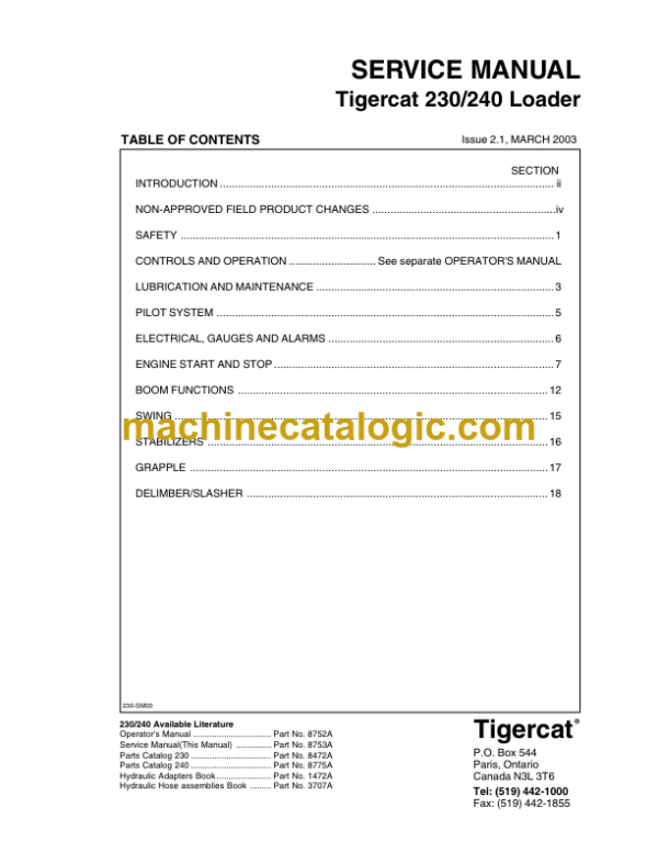 Tigercat 230 Loader Service Manual (2300101 - 2300499)