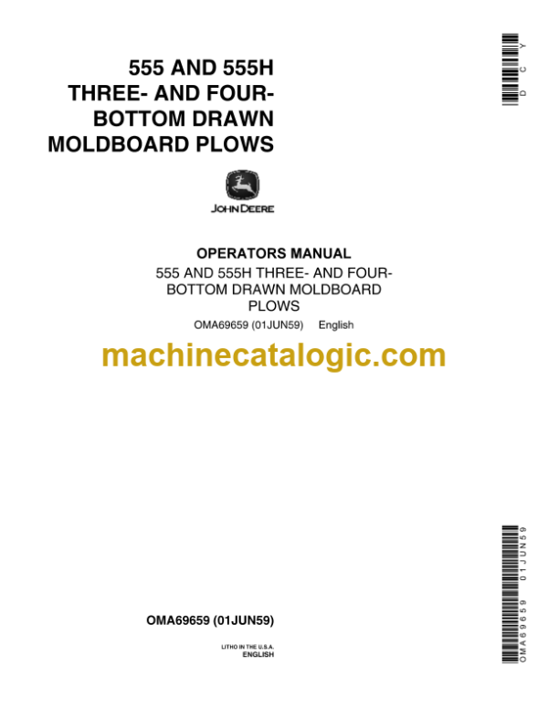 John Deere 555 and 555H Three-Bottom and Four-Bottom Drawn Moldboard Plows Operator's Manual (OMA69659)