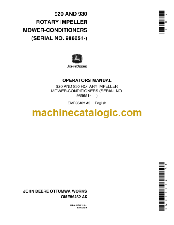 John Deere 920 and 930 Rotary Impeller Mower-Conditioners Operator's Manual (OME86462)