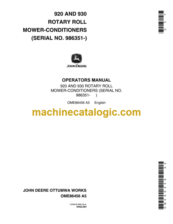 John Deere 920 and 930 Rotary Roll Mower-Conditioners Operator's Manual (OME86456)