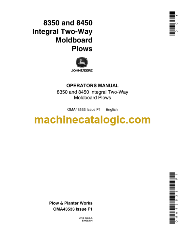 John Deere 8350 and 8450 Integral Two-Way Moldboard Plows Operator's Manual (OMA43533)