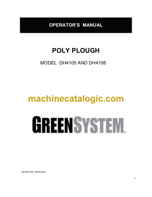 John Deere DH4105 and DH4106 Poly Plough Operator's Manual (OM5KLDH41051)