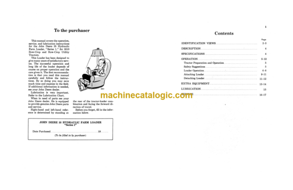 John Deere 35 Series 1 Hydraulic Farm Loader For 3010 Row-Crop and Row-Crop Utility Tractors Operator's Manual (OMC12535)