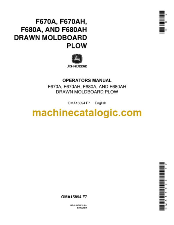 John Deere F670A, F670AH, F680A and F680AH Drawn Moldboard Plow Operator's Manual (OMA15894)