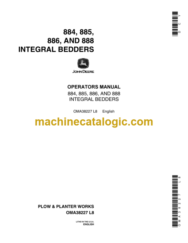 John Deere 884, 885, 886 and 888 Integral Bedders Plow Operator's Manual (OMA38227)