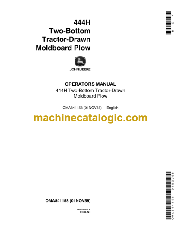 John Deere 444H Two-Bottom Tractor-Drawn Moldboard Plow Operator's Manual (OMA841158)