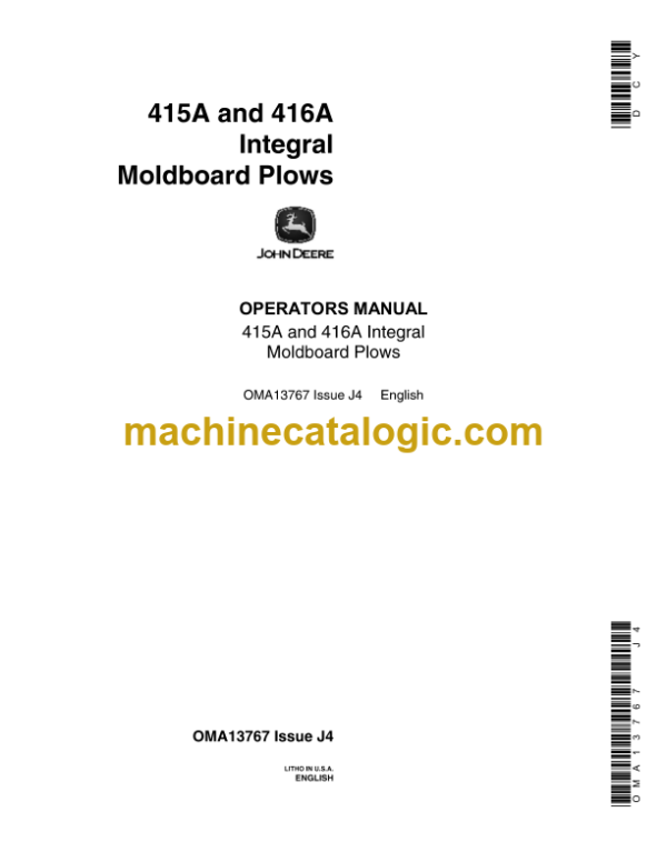 John Deere 415A and 416A Integral Moldboard Plows Operator's Manual (OMA13767) John Deere 415A and 416A Integral Moldboard Plows INDEX: