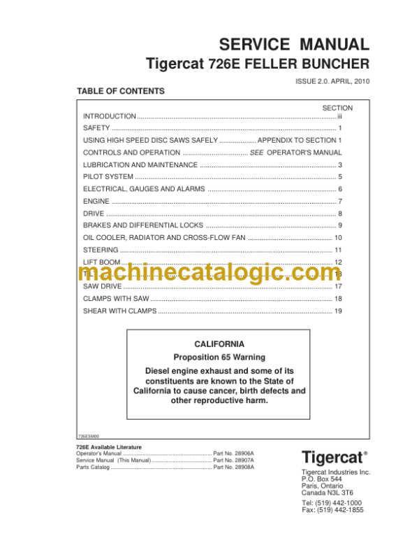 Tigercat 726E Feller Buncher Service Manual (7262501 - 7265000)