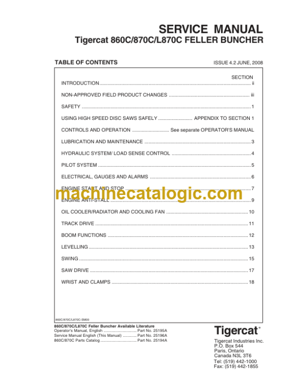 Tigercat 860C, 870C, L870C Feller Buncher Service Manual (87021501 - 87023500)