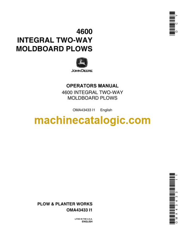John Deere 4600 Integral Two-Way Moldboard Plows Operator's Manual (OMA43433)