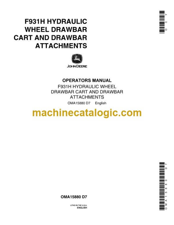 John Deere F931H Hydraulic Wheel Drawbar Cart and Drawbar Attachments Operator's Manual (OMA15880)