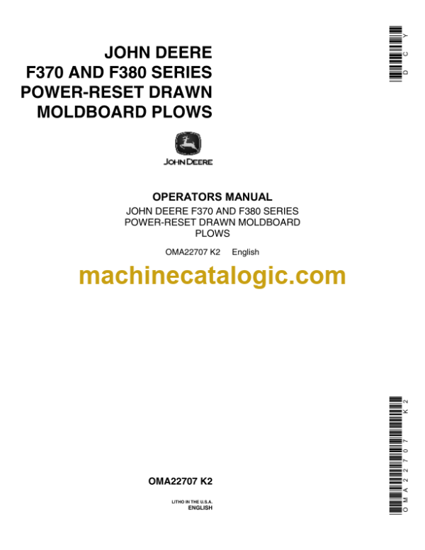 John Deere F370 and F380 Series Power-Reset Drawn Moldboard Plows Operator's Manual (OMA22707)