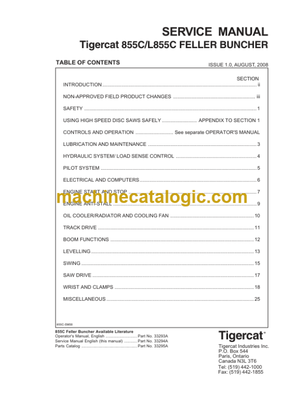 Tigercat 855C, L855C Feller Buncher Service Manual (85510101 - 85512000)