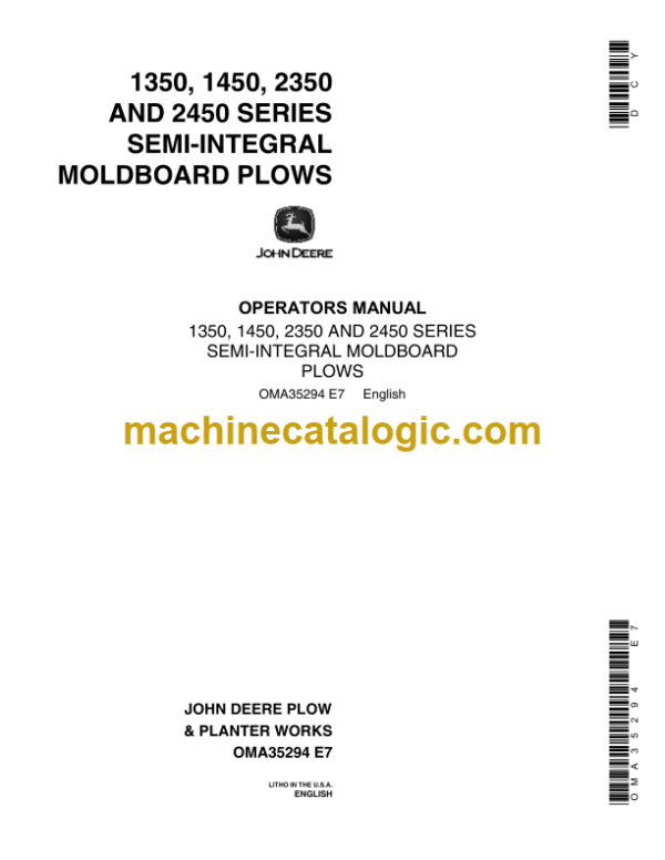 John Deere 1350, 1450, 2350 and 2450 Series Semi-Integral Moldboard Plows Operator's Manual (OMA35294)