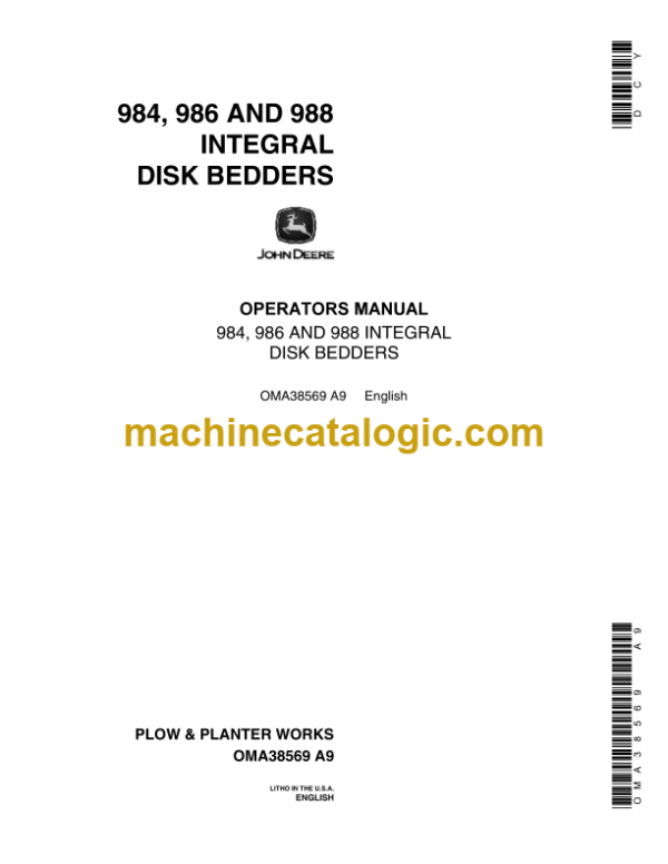 John Deere 984, 986 and 988 Integral Disk Bedders Operator's Manual (OMA38569)