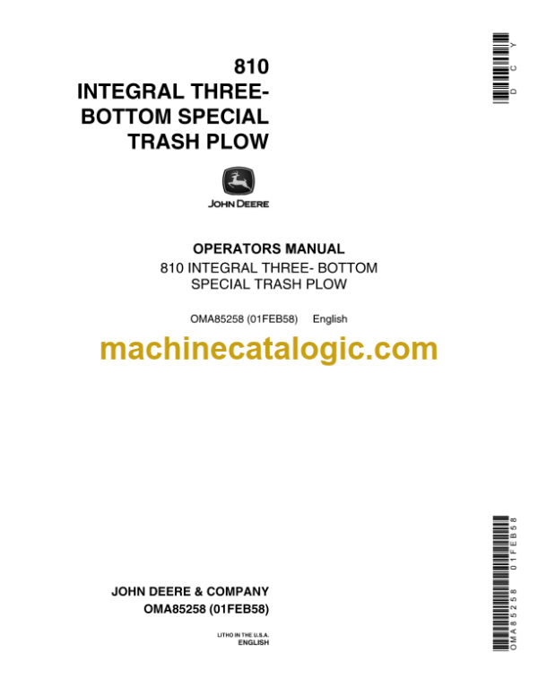 John Deere 810 Integral Three Bottom Special Trash Plow Operator's Manual (OMA85258)