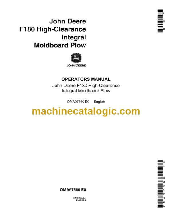 John Deere F180 High-Clearance Integral Moldboard Plow Operator's Manual (OMA97560)