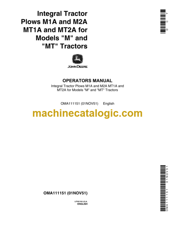 John Deere Integral Tractor Plows M1A and M2A MT1A and MT2A for Models M and MT Tractors Operator's Manual (OMA111151)