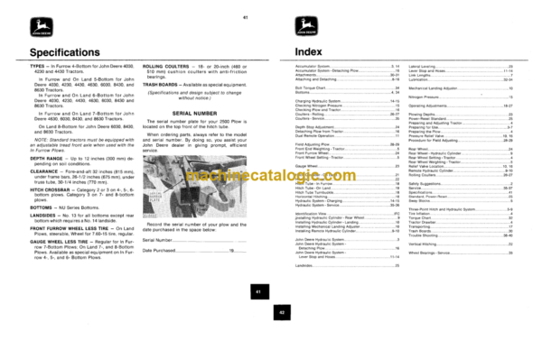 John Deere 2500 Power-Reset Semi-Integram Moldboard Plow Operator's Manual (OMA32896)