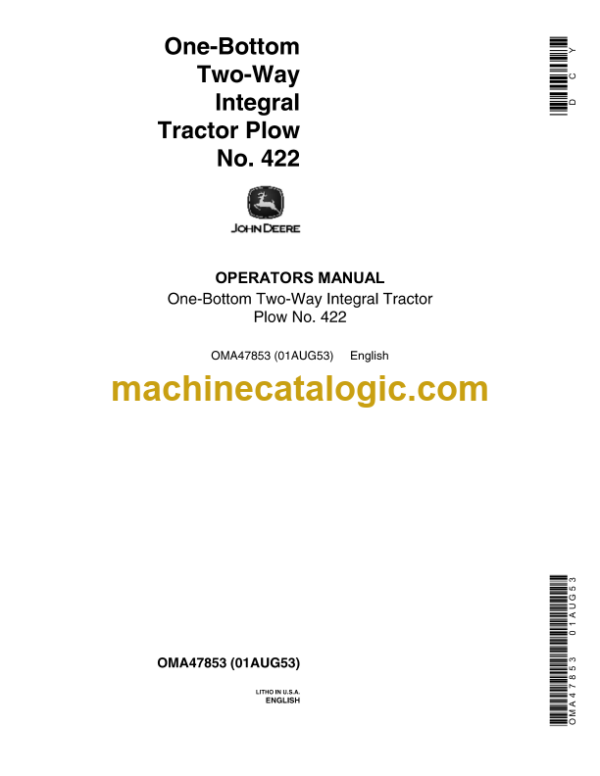 John Deere No. 422 One-Bottom Two-Way Integral Tractor Plow Operator's Manual (OMA47853)