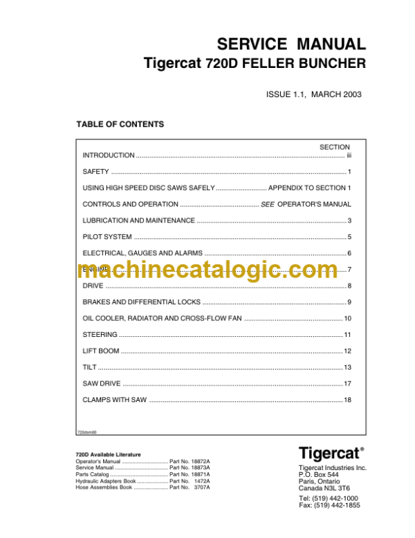 Tigercat 720D Feller Buncher Service Manual(7203501 - 7203860)