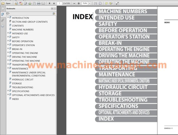 Zaxis 345USLC-7H Hydraulic Excavator Operator's Manual Index