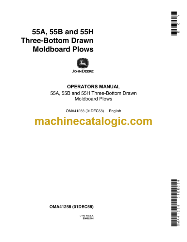 John Deere 55A, 55B and 55H Three-Bottom Drawn Moldboard Plows Operator's Manual (OMA41258)