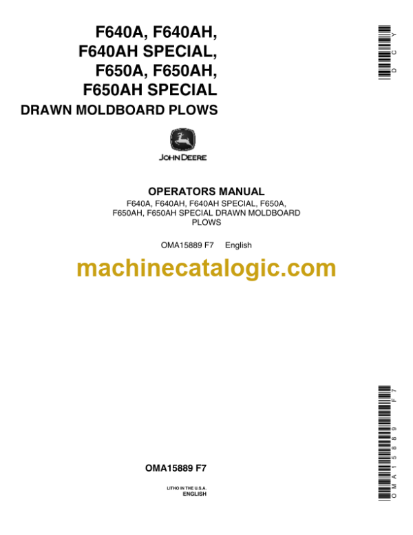 John Deere F640A, F640AH, F640AH SPECIAL, F650A, F650AH, F650AH Special Dawn Moldboard Plows Operator's Manual (OMA15889)