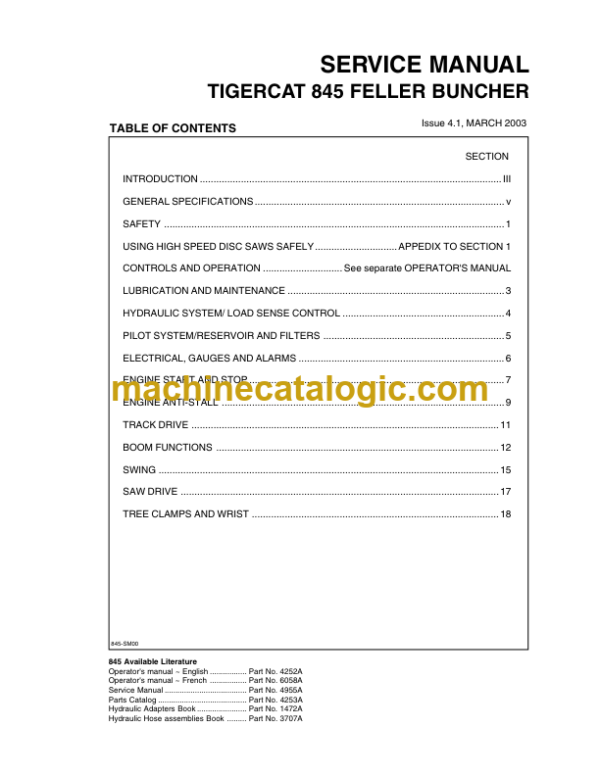 Tigercat 845 Feller Buncher Service Manual (8450101 - 8450475)