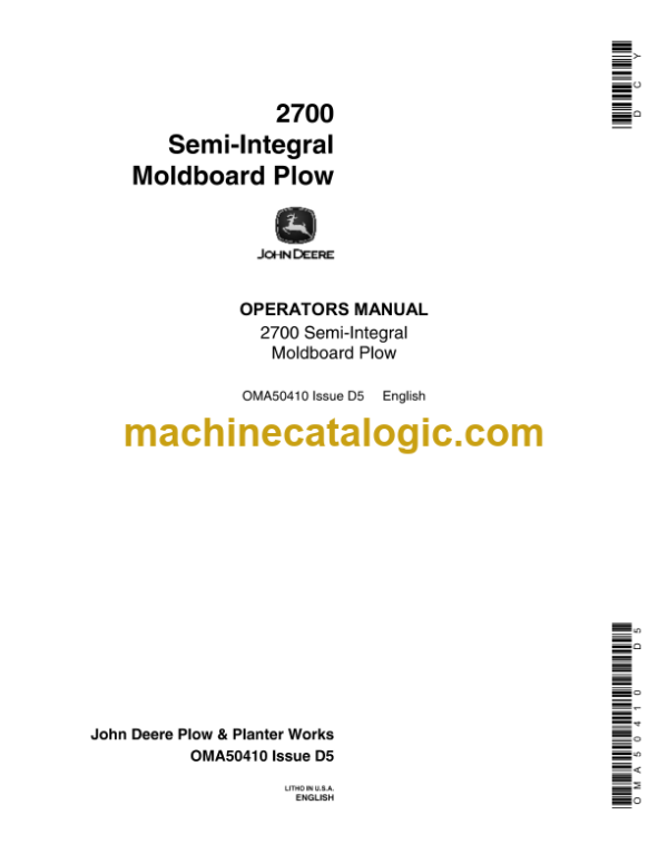 John Deere 2700 Semi-integral Moldboard Plow Operator's Manual (OMA50410)