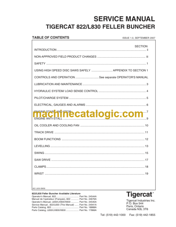 Tigercat 822, L830 Feller Buncher Service Manual (8220101 - 82210999)