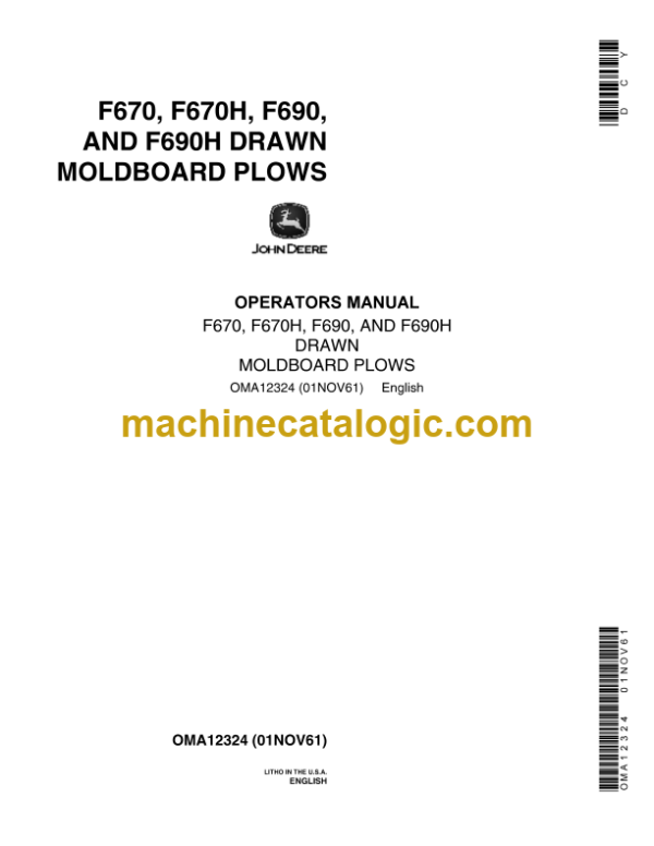 John Deere F670, F670H, F690, and F690H Drawn Moldboard Plows Operator's Manual (OMA12324)