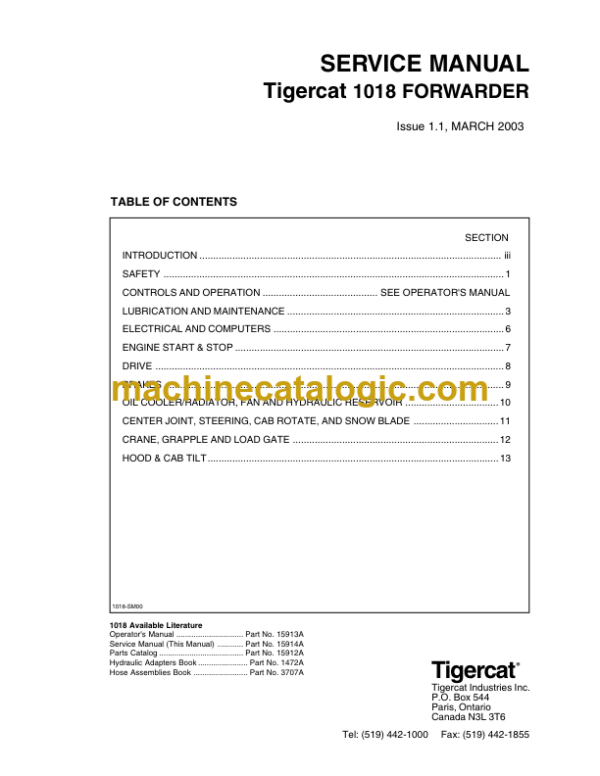 Tigercat 1018 Forwarder Service Manual (10180101 - 10180499)