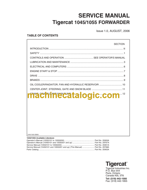 Tigercat 1045, 1055 Forwarder Service Manual (10450101 - 10450300)