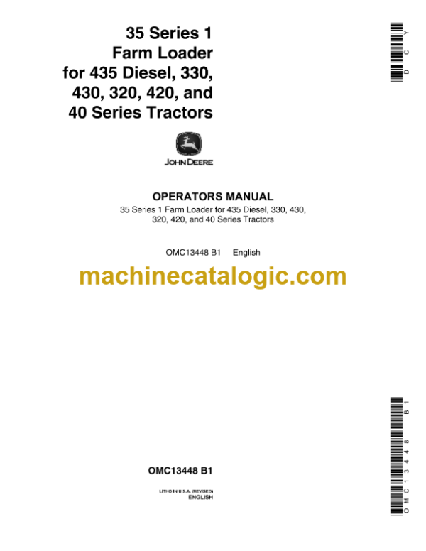 John Deere 35 Series 1 Farm Loader for 435 Diesel, 330, 430, 320, 420, and 40 Series Tractors Operator's Manual (OMC13448)
