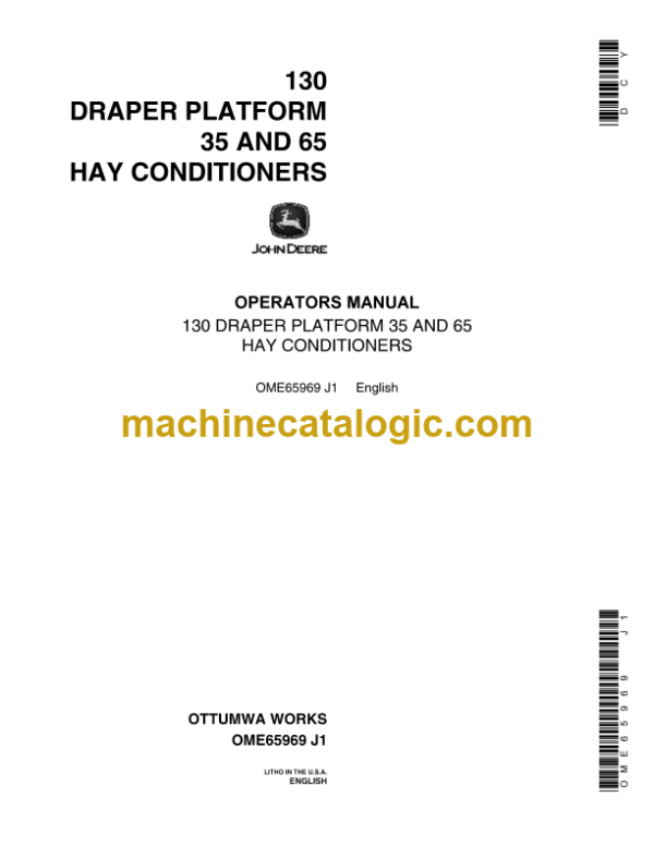 John Deere 130 Draper Platform 35 and 65 Hay Conditioners Operator's Manual (OME65969)