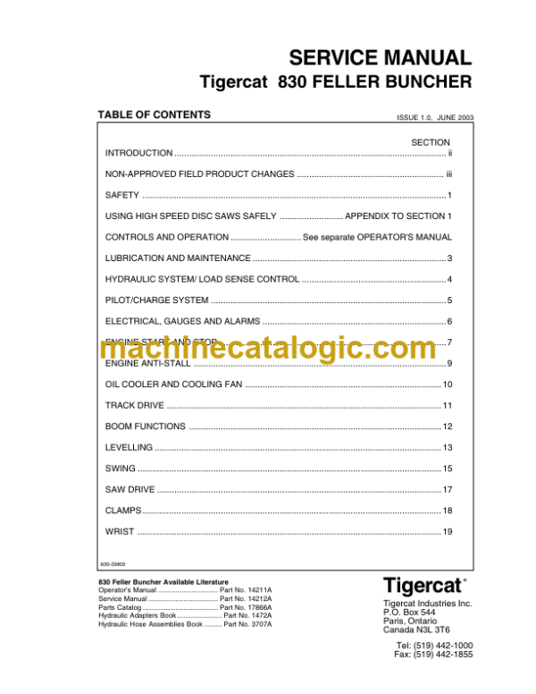 Tigercat 830 Feller Buncher Service Manual (8300113 - 8300499)