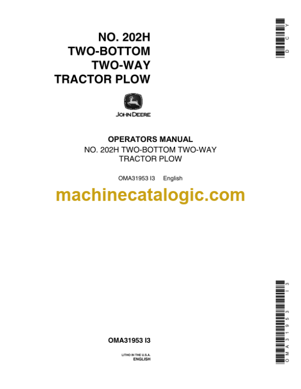 John Deere NO. 202H Two-Bottom Two-Way Tractor Plow Operator's Manual (OMA31953)