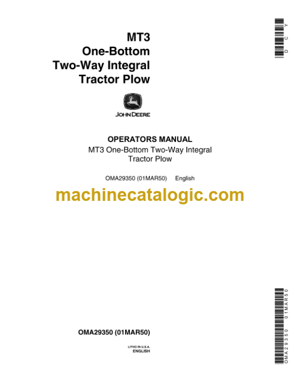 John Deere MT3 One-Bottom Two-Way Integral Tractor Plow Operator's Manual (OMA29350)