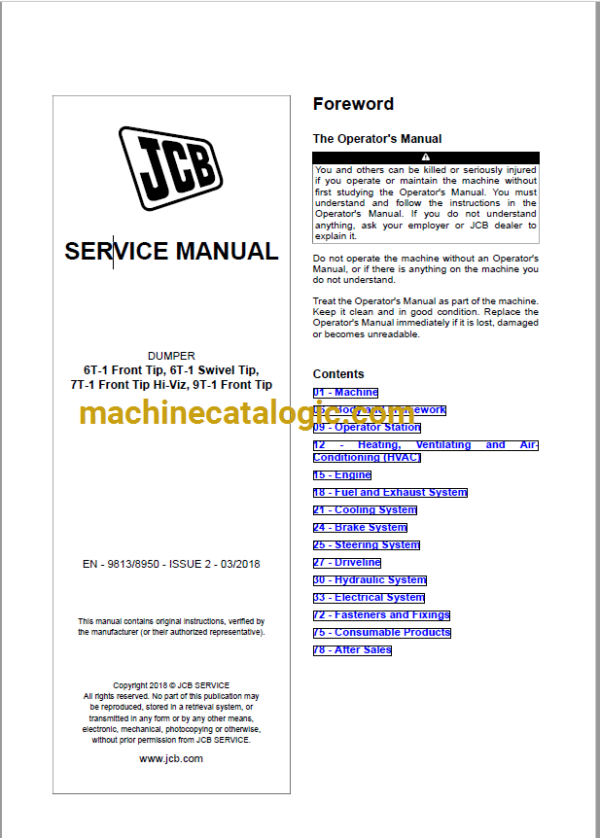 JCB 6T-1 Front Tip, 6T-1 Swivel Tip, 7T-1 Front Tip Hi-Viz, 9T-1 Front Tip Dumper Service Manual