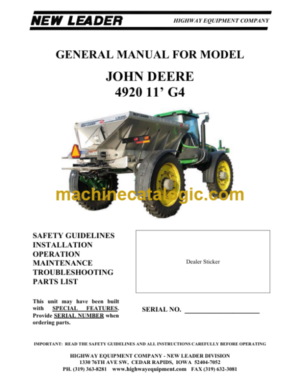 John Deere 4920 11’ G4 General Manual (OM96324)