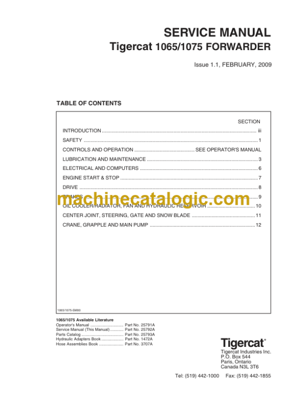 Tigercat 1065, 1075 Forwarder Service Manual (10650101 - 10650300)