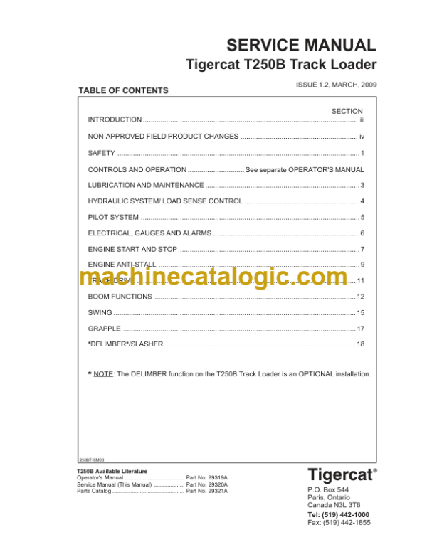 Tigercat T250B Loader Service Manual (250T0501 - 250T2000)