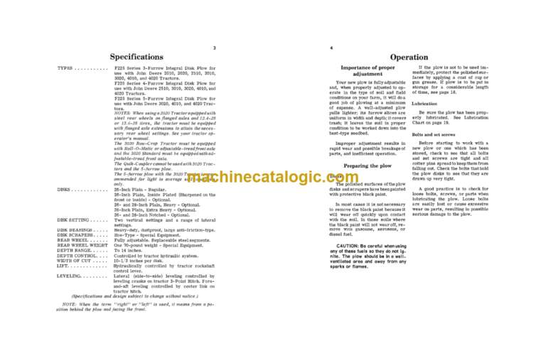 John Deere F225 Series Integral Disk Plow Operator's Manual (OMA16516)